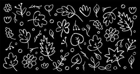 White crayon autumn vector set with leaves, forest berry and raindrops on white Stock Illustration