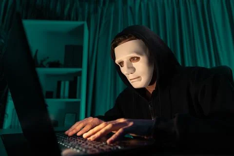 White criminal anonymous mask installing coding password encryption. Pecuniary. Foto stock