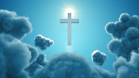 A white cross is revealed through thick clouds, glowing with a light from behind Stock Footage 314382515