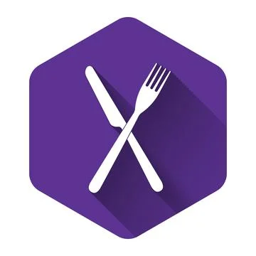 White Crossed fork and knife icon isolated with long shadow. Restaurant icon Stock Illustration