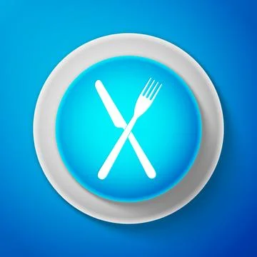 White Crossed fork and knife icon isolated on blue background. Restaurant icon Stock Illustration