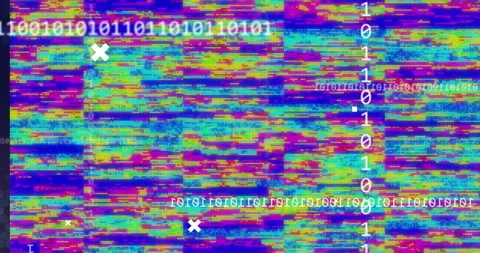White crosses overlaying animation with binary code and colorful glitch patterns Stock Footage 306200574