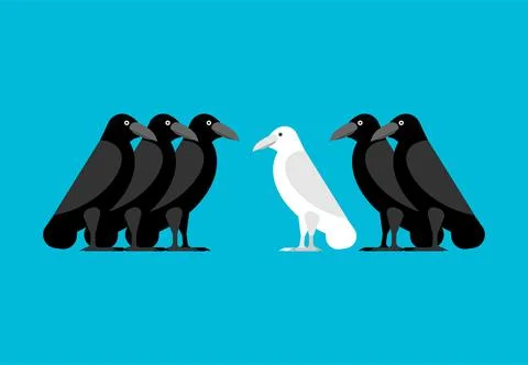White crow among black crows. Vector illustration Stock Illustration