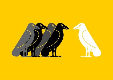 White crow among black crows. Vector illustration Stock Illustration
