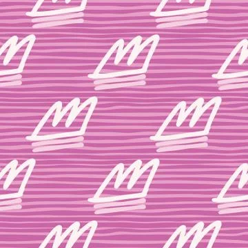 White crown doodle elements seamless hand drawn pattern. Bright lilac backgro Stockillustratie