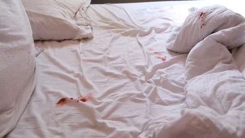 White crumpled bed sheets and pillows stained with fresh red blood. The messy Stock Footage 317681242