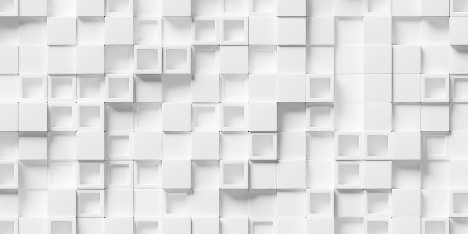 White cube boxes block background, random offset, some open with frame, wal.. Stock Illustration