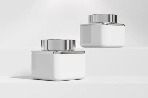 White cube cream jar with metallic lid mockup, glossy skincare packaging Stock Illustration