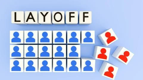 White cube grid with blue person turn red and drift away, symbolizing LAYOFF. Stock Illustration