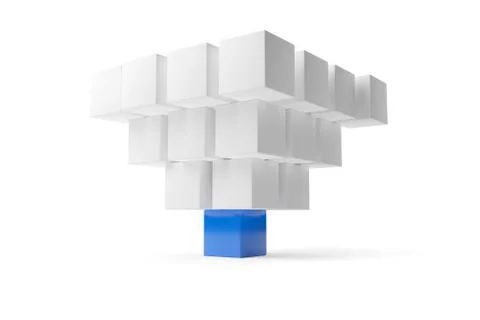 White cube pyramid standing on blue cube over white background - software mod Stock Illustration