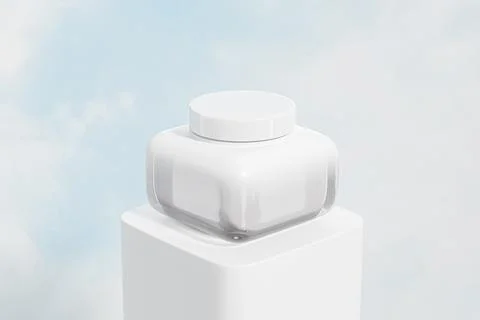 White cube shape cream jar with white flat lid mockup Illustrazione stock
