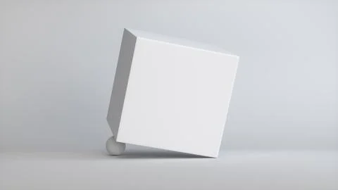 A White Cube Supported by a Sphere on a Gray Studio Background. Stock Illustration