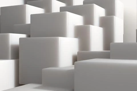 White cubes and rectangular prisms are forming abstract landscape in 3D render Stock Illustration