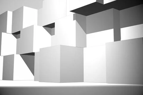 White cubes are stacking in minimalistic 3d render studio, showing strong light Stock Illustration