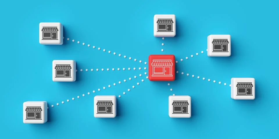 White cubes network with store icons, red one in the center on blue backgro.. Stock Illustration