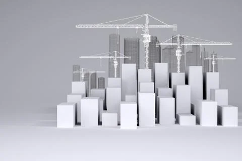 White cubes with wire-frame buildings and tower cranes Illustrazione stock