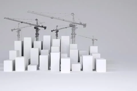 White cubes with wire-frame tower cranes on gray background 스톡 일러스트