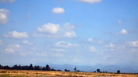 White cumulus clouds move across the blue sky. Meteorological background. Stockbeeldmateriaal 330393672