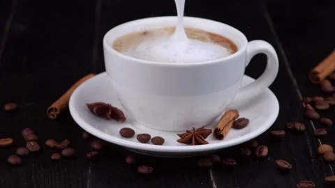 White cup with black coffee on a dark wooden background Stock Footage 201317378