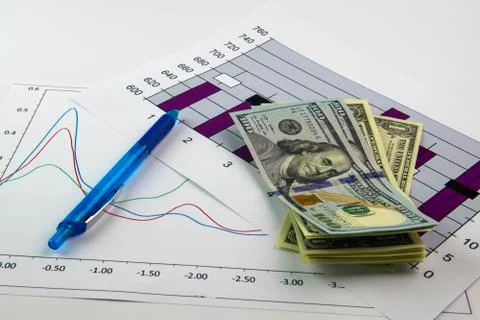 White cup of black coffee, graphics and dollars Stock Photos