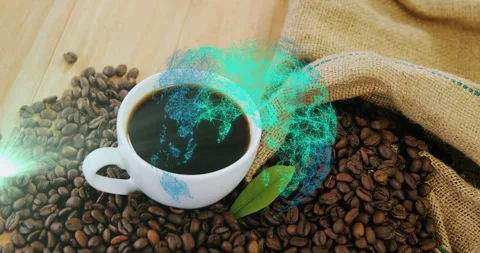 White cup with black coffee on table, beans spilling from burlap sack, showing 스톡 동영상 307446187