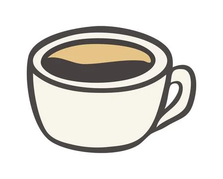 White Cup with black coffee, tea. Hand-drawn Doodle. Hot drink in Drinkware.. Stock Illustration