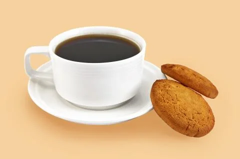 White cup with coffee and biscuits Stock Photos