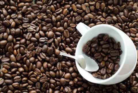 White cup with coffee beans Stock Photos