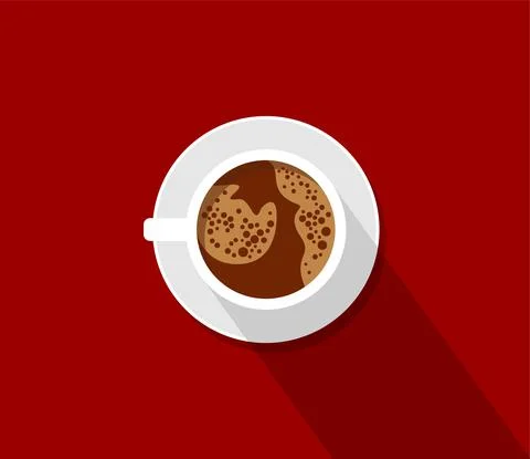 White cup of coffee on a dark red background. Top view Stock Illustration