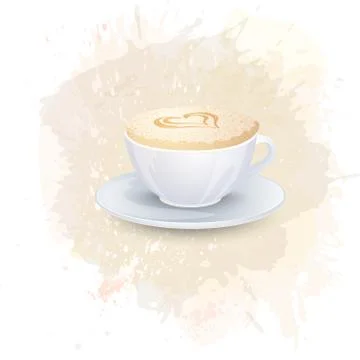 White cup with coffee drink on a abstract watercolor spot background. Trendy Stock Illustration