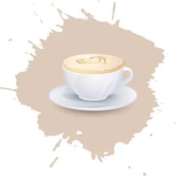 White cup with coffee drink on a abstract watercolor spot background. Trendy Stock Illustration