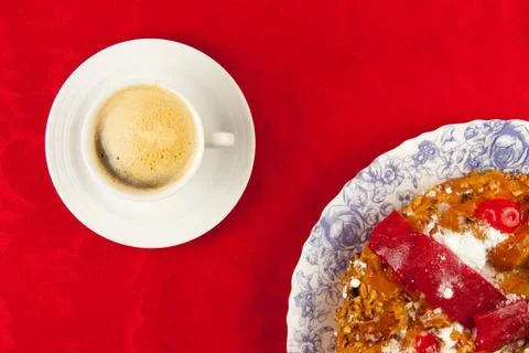 White cup of coffee  on red background Stock Photos