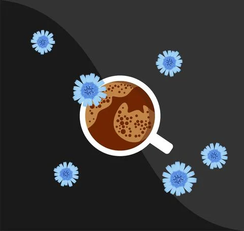 White cup with a drink of chicory root and flowers on a dark gray background Stock Illustration