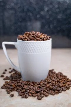 A white cup filled with roasted cinnamon coffee beans Stock Photos