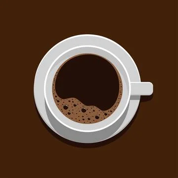 White cup of fragrant coffee with foam stands on the table. Top view Stock Illustration