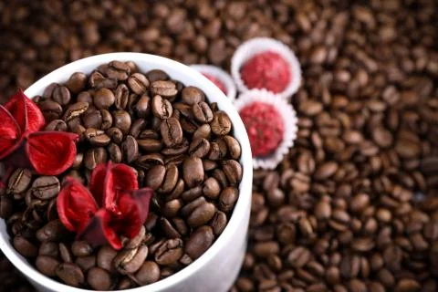 White cup full of coffee beans on a coffee beans background with red chocolate Foto stock