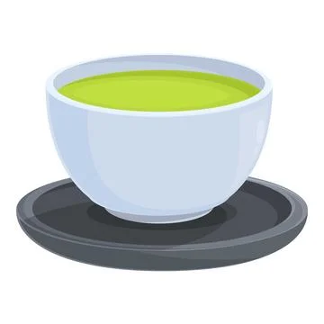 White cup full of green tea standing on a dark plate on white background Stock Illustration