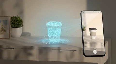 White cup hologram stand on table phone display augmented reality Stock Illustration