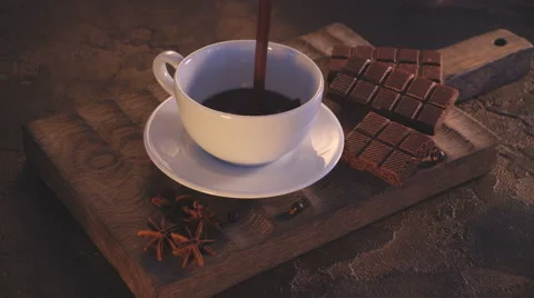 White cup of hot chocolate and croissants on wooden vintage table Stock Footage 65793324