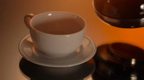 White cup of hot coffee or black tea on shiny background Stock Footage 65751339