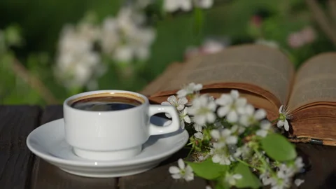 White cup of hot coffee on table with white cherry flowers and book in garden Stock Footage 319743979