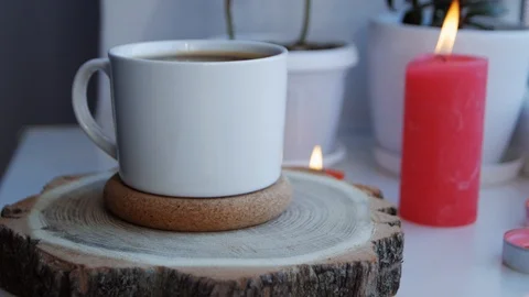 White cup of hot coffee on the windowsill. Copy space. Stock Footage 106196962