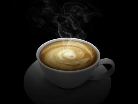 White cup with hot liquid and steam on black Stock Photos