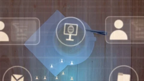 White cup on napkin, spoon right, three dots popping around cup, tech icons Stock Footage 333733765