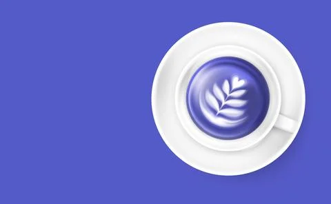 White cup with patterned cappuccino or latte on purple table. copy space. Stock Photos