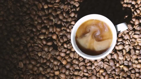 A white cup stands on coffee beans. In a cup of coffee mixed with milk Stock Footage 160064429