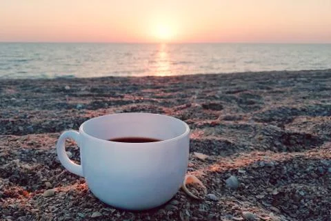 White cup on a sunset background Stock Photos