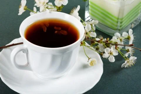 White cup of tea with flowers of a cherry Stock Photos