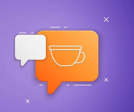 White Cup of tea icon isolated on purple background. Orange speech bubble s.. Stock Illustration