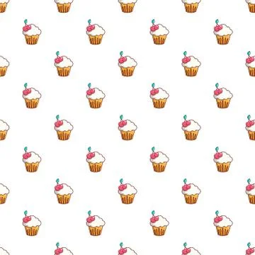 White cupcake with cherries pattern Illustrazione stock